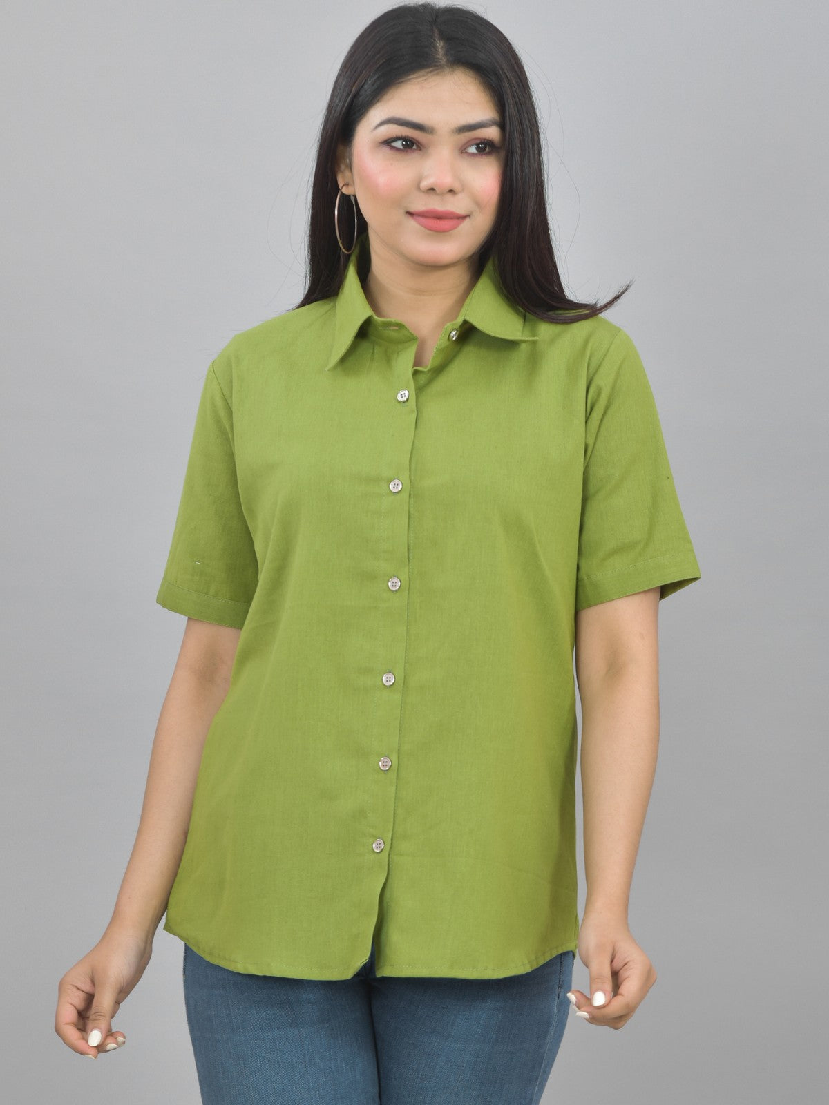 Women Solid Olive Green Half Sleeve Spread Collar Cotton Shirt
