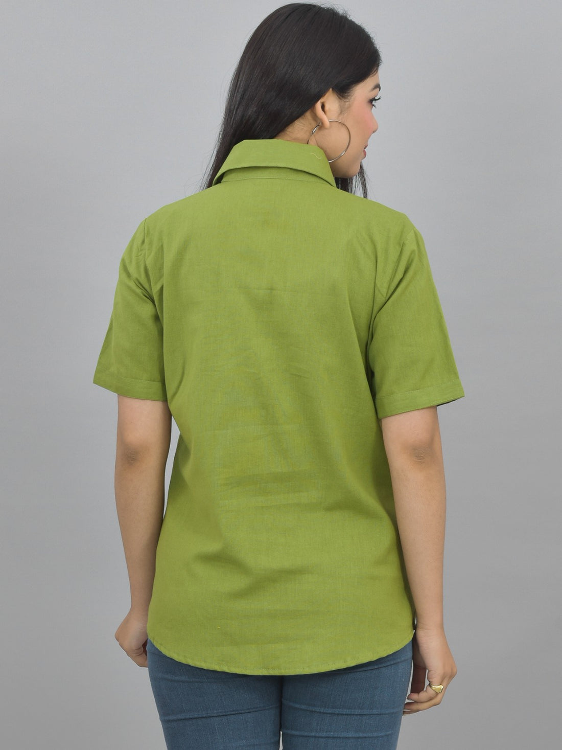 Women Solid Olive Green Half Sleeve Spread Collar Cotton Shirt