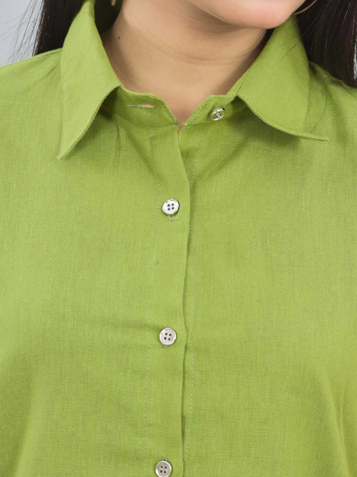 Women Solid Olive Green Half Sleeve Spread Collar Cotton Shirt