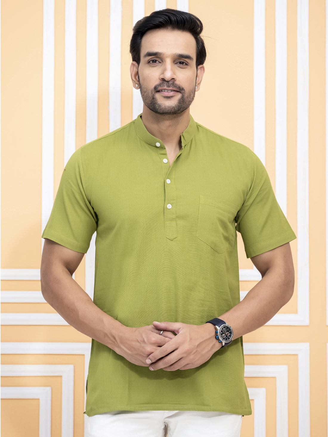 Pack Of 2 Mens Olive Green And White Cotton Short Kurta Combo