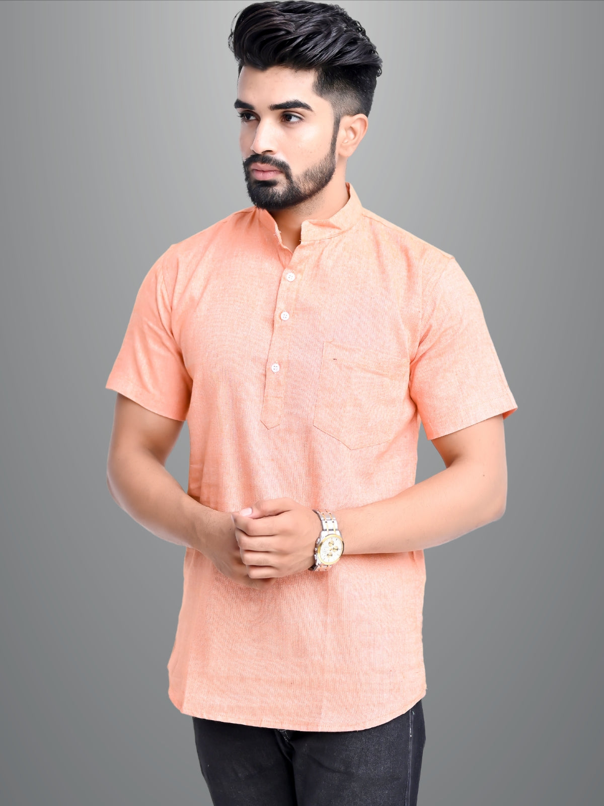 Pack of 2 Mens Solid Grey And Orange Khadi Cotton Short Kurta Combo