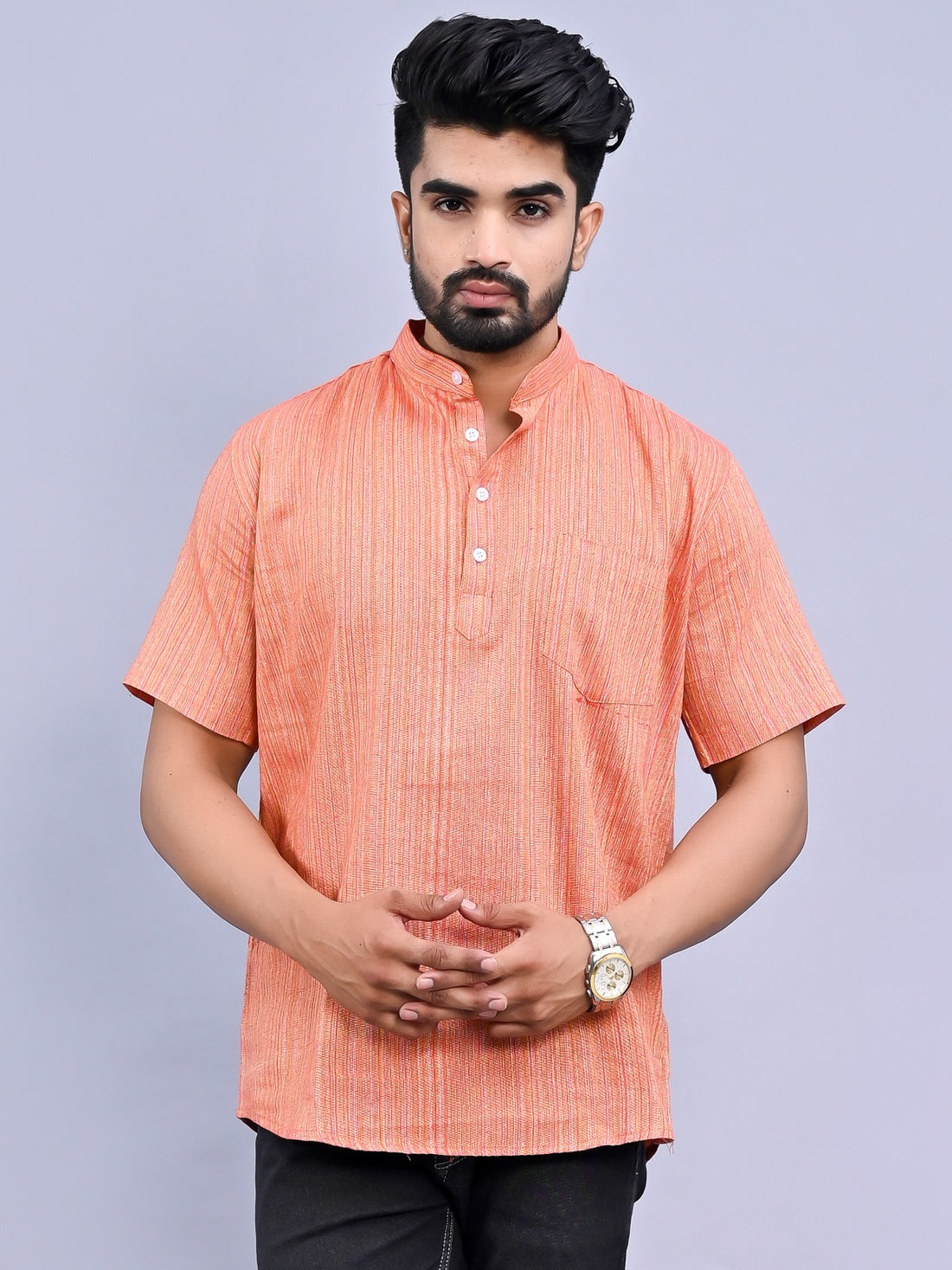 Pack Of 2 Mens Orange And Pink Multistripe Short Kurta Combo