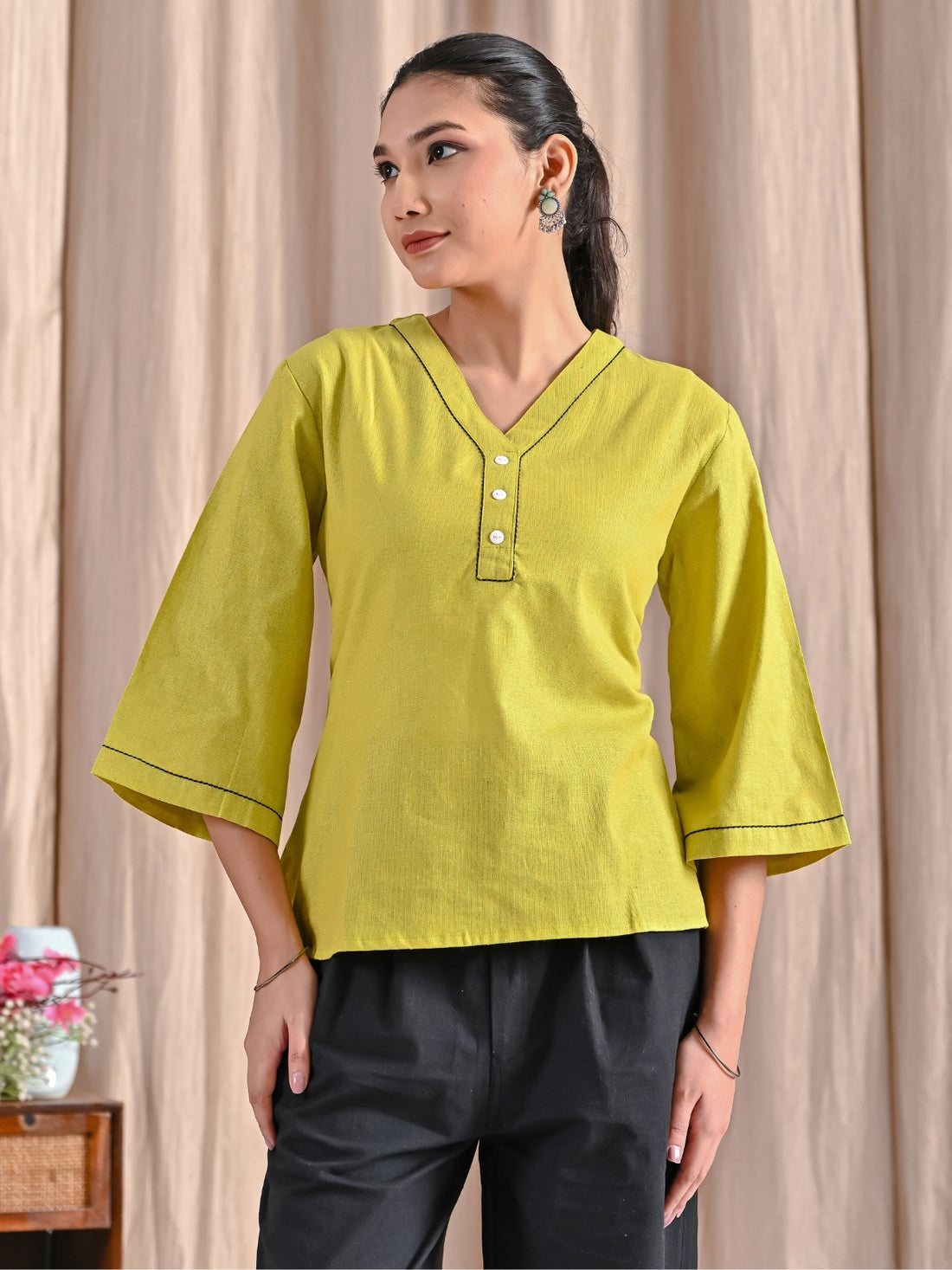 Pack Of 2 Parrot Green And White Handloom Cotton Anchor Thread Designer Tops