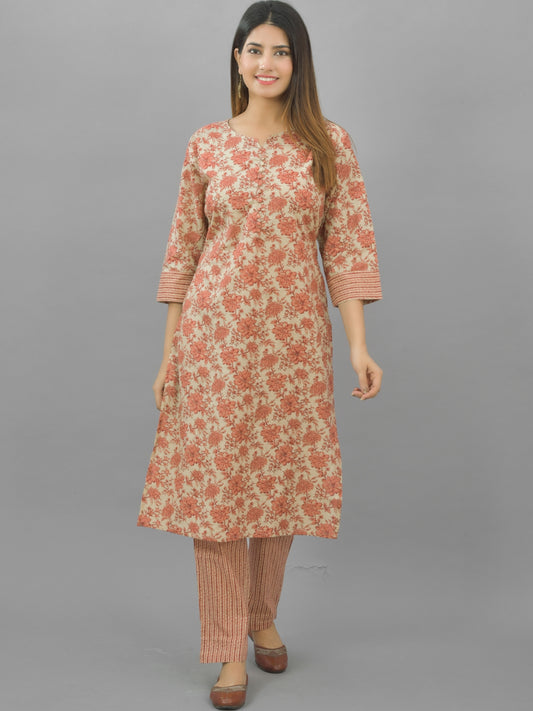 Womens Peach Flower Printed Kurti And Pant Set