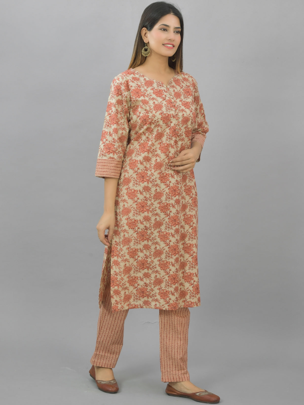 Womens Peach Flower Printed Kurti And Pant Set