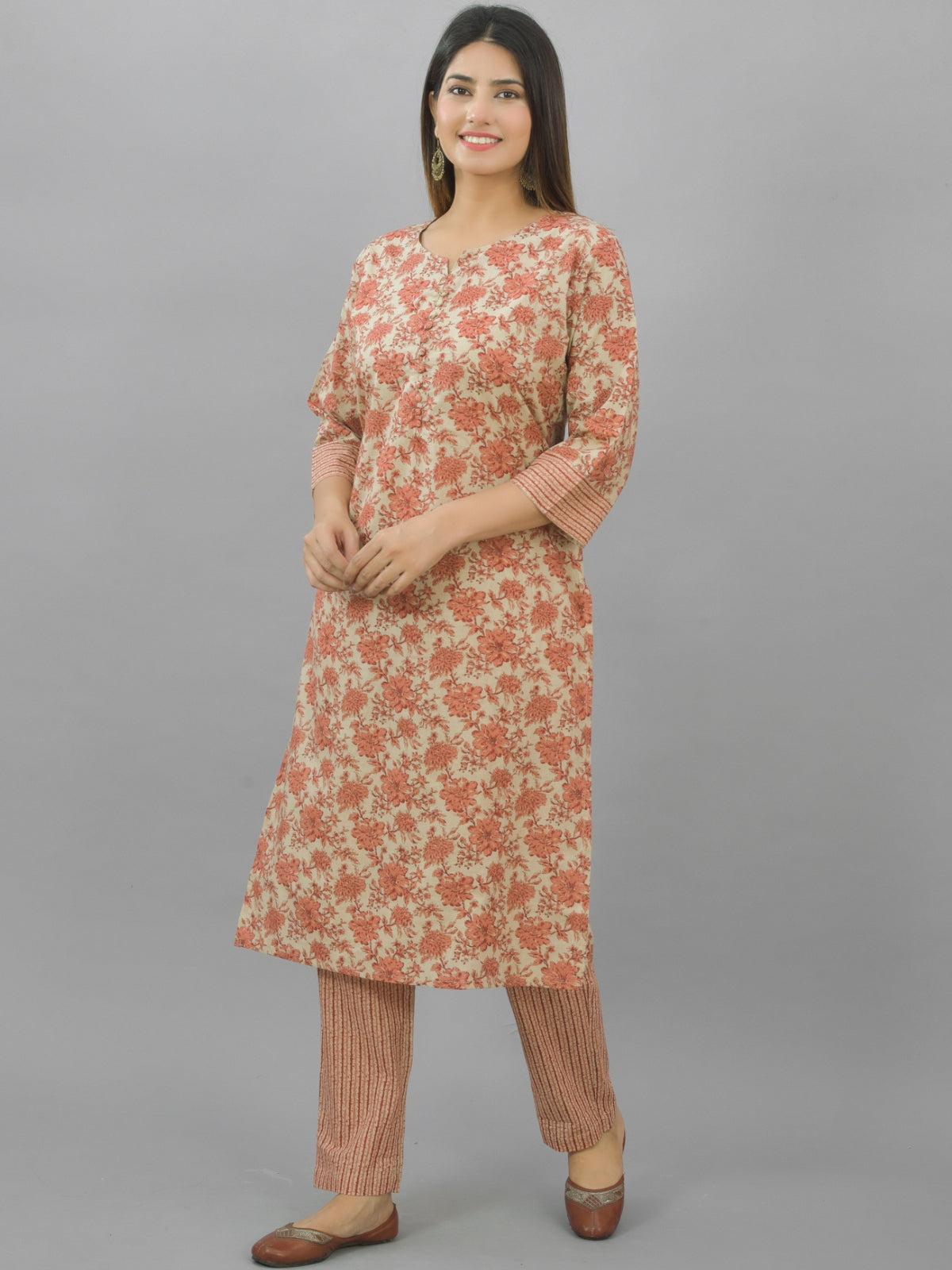 Womens Peach Flower Printed Kurti And Pant Set