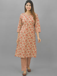 Womens Peach Flower Printed Kurti And Pant Set