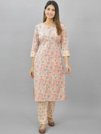 Womens Peach Printed Kurti And Pant Set