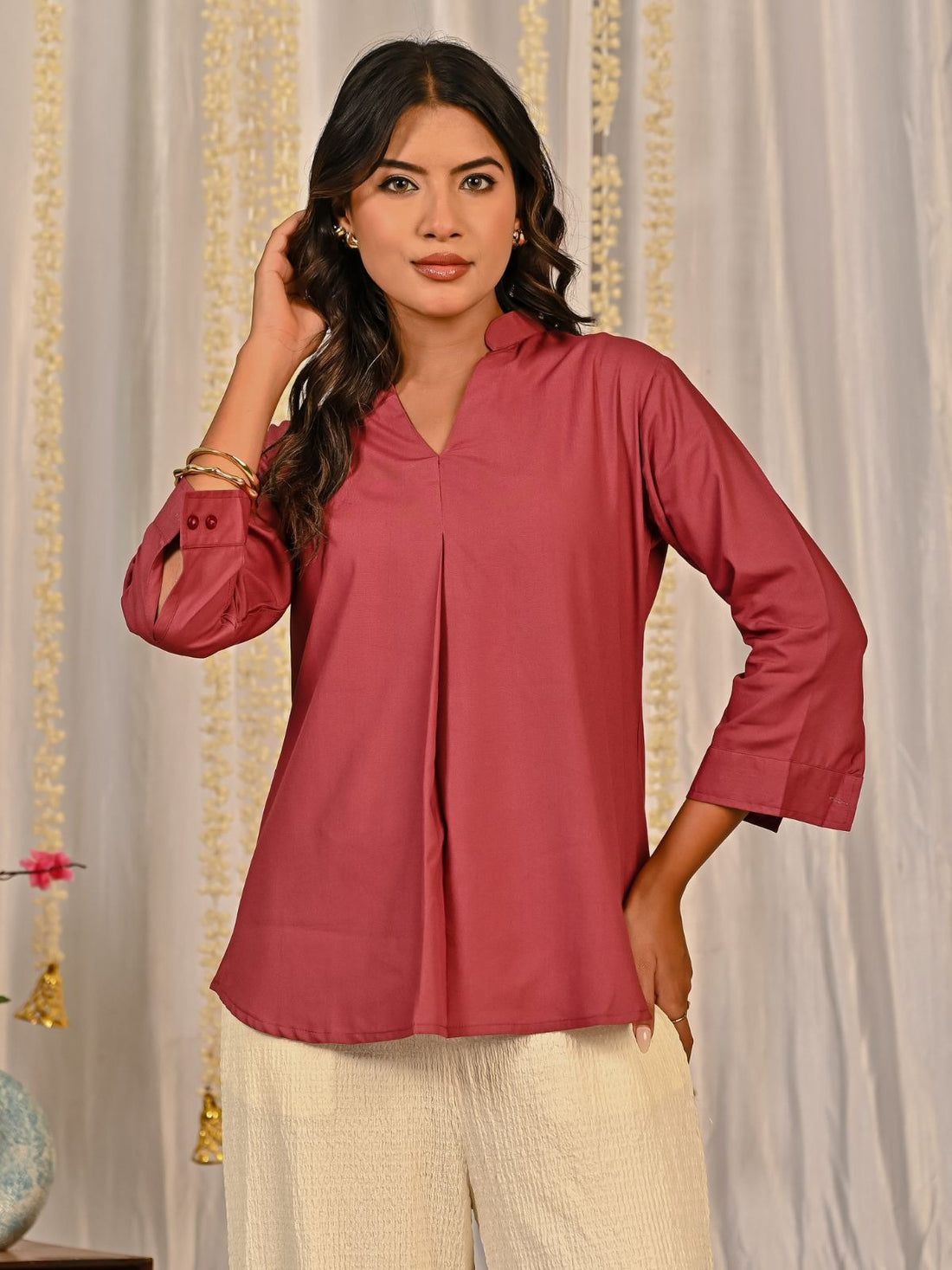 Solid Peach V Neck Viscose Pleated Top