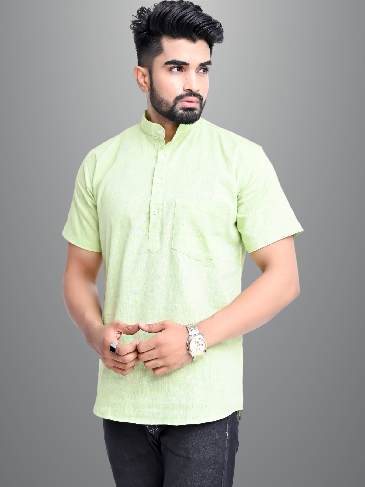 Pack of 2 Mens Solid Blue And Parrot Green Khadi Cotton Short Kurta Combo