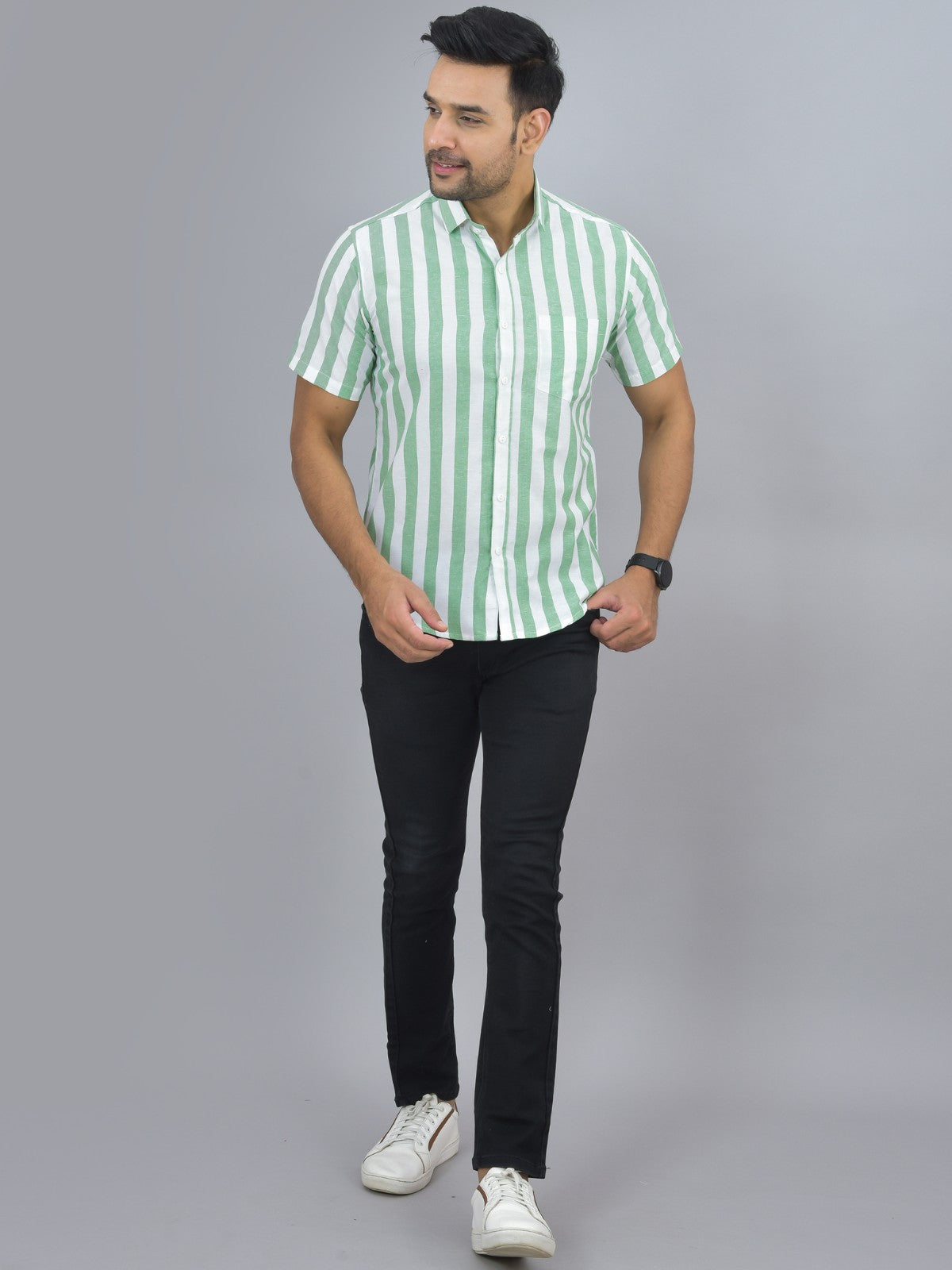 Pack Of 2 Quaclo Couple Parrot Green Striped Cotton Shirts