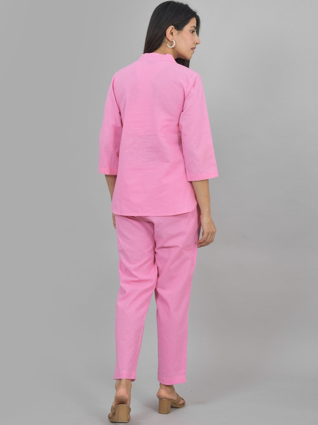 Womens Solid Pink Cotton Top-Pyjama Co-Ords Set