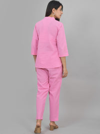 Quaclo Womens Solid Pink Cotton Top-Pyjama Co-Ords Set