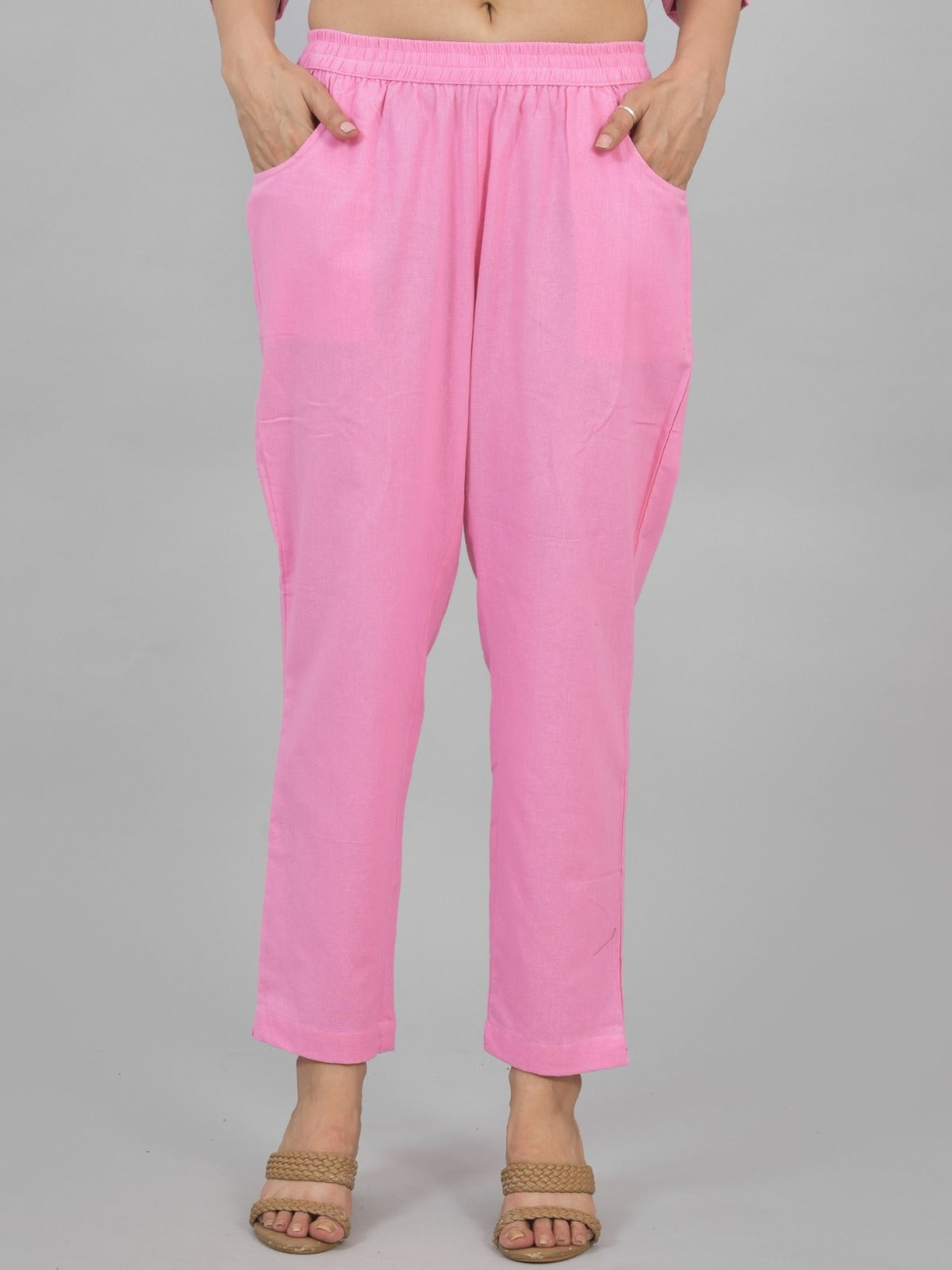 Quaclo Womens Solid Pink Cotton Top-Pyjama Co-Ords Set