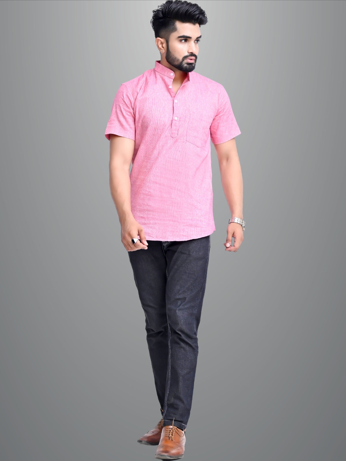 Pack of 2 Mens Solid Grey And Pink Khadi Cotton Short Kurta Combo