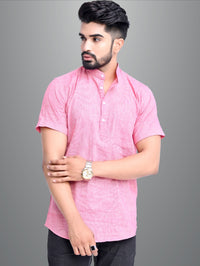 Pack of 2 Mens Solid Pink And Sky Blue Khadi Cotton Short Kurta Combo