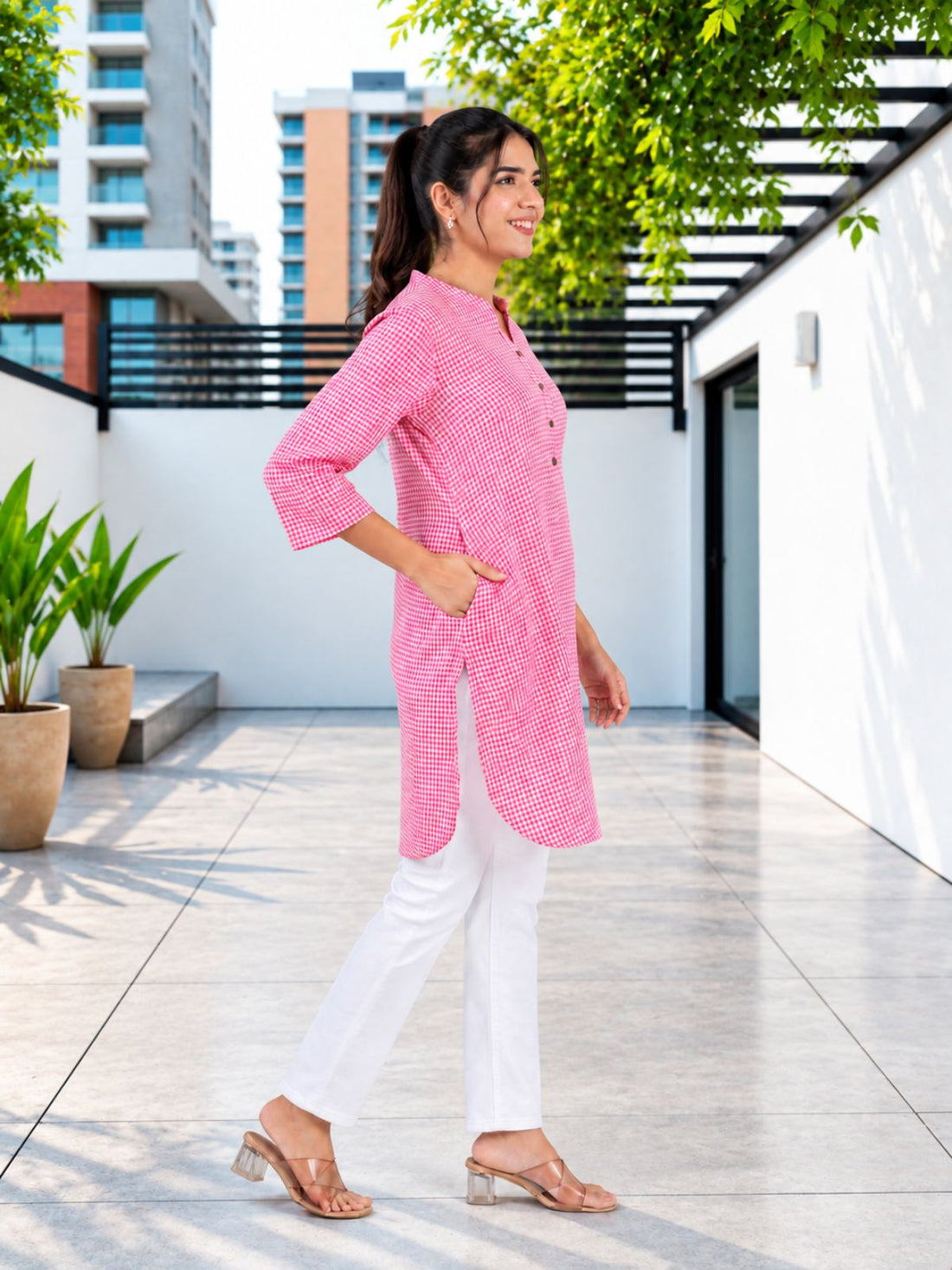 Pink Mini Checks Cotton Short Kurti