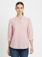 Pink Pleated shoulder Vertical Stripe Shirt