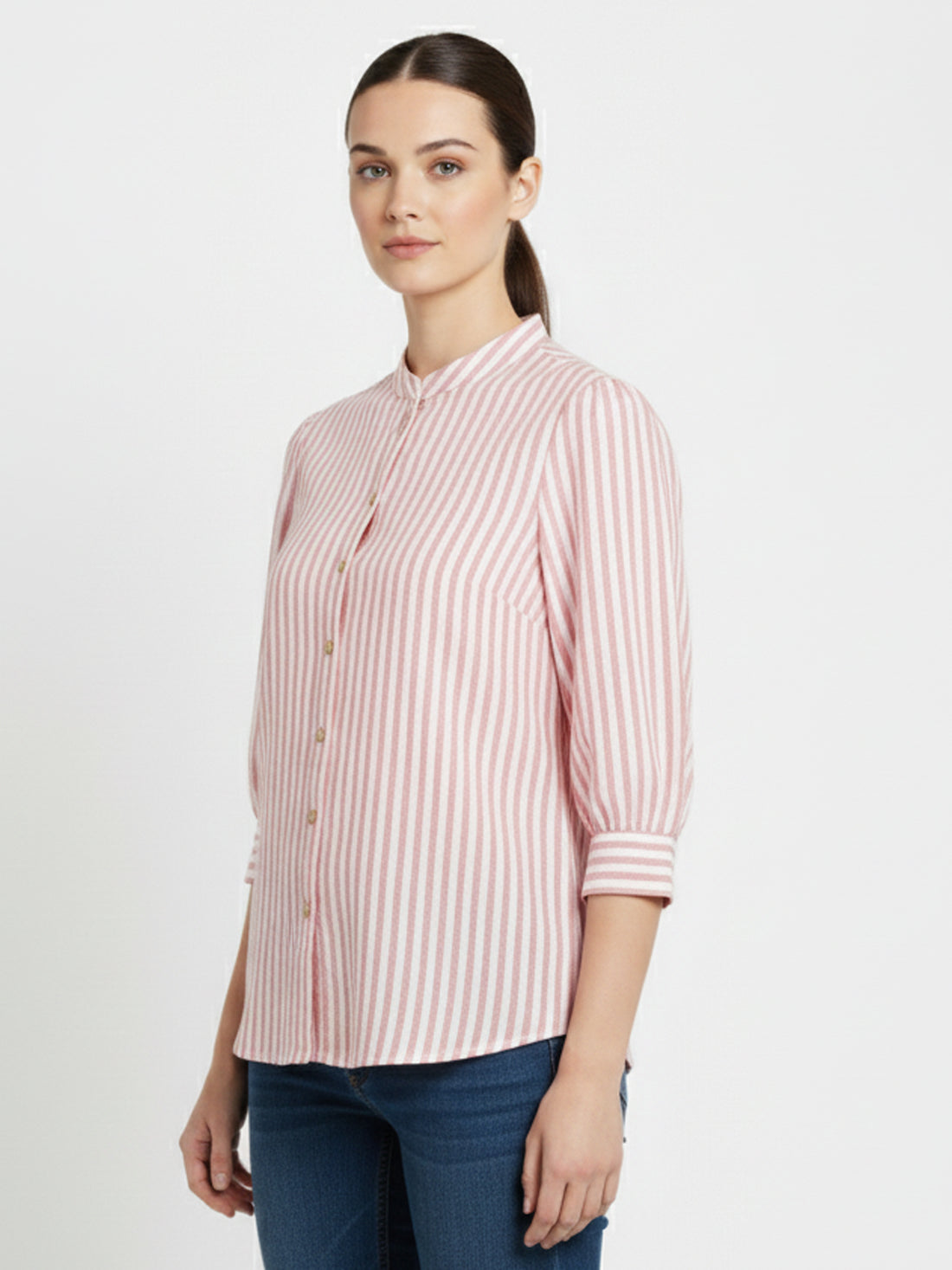 Pink Pleated shoulder Vertical Stripe Shirt