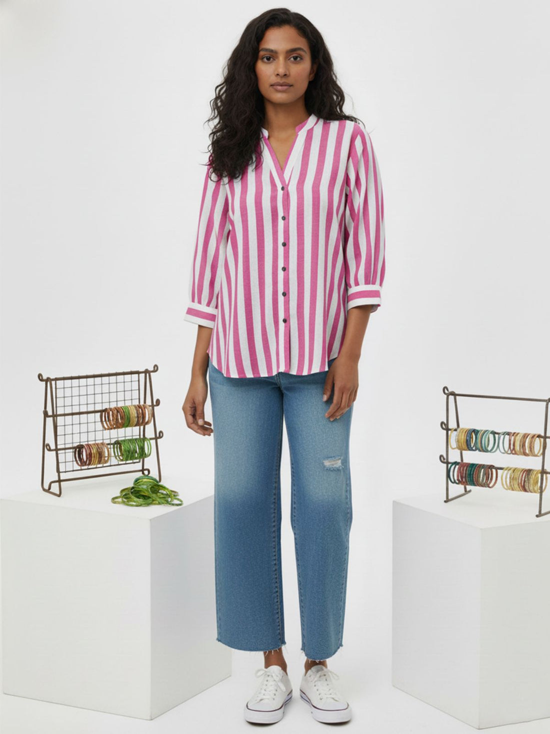 Pink Pleated shoulder Stripe Shirt