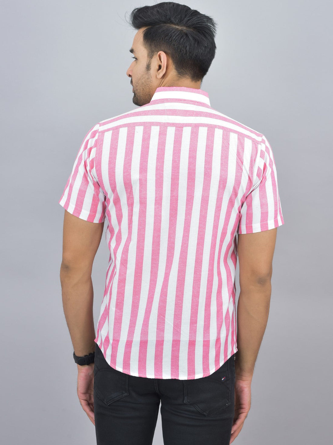 Mens Regular Fit Pink Striped Half Sleeves Cotton Casual Shirt