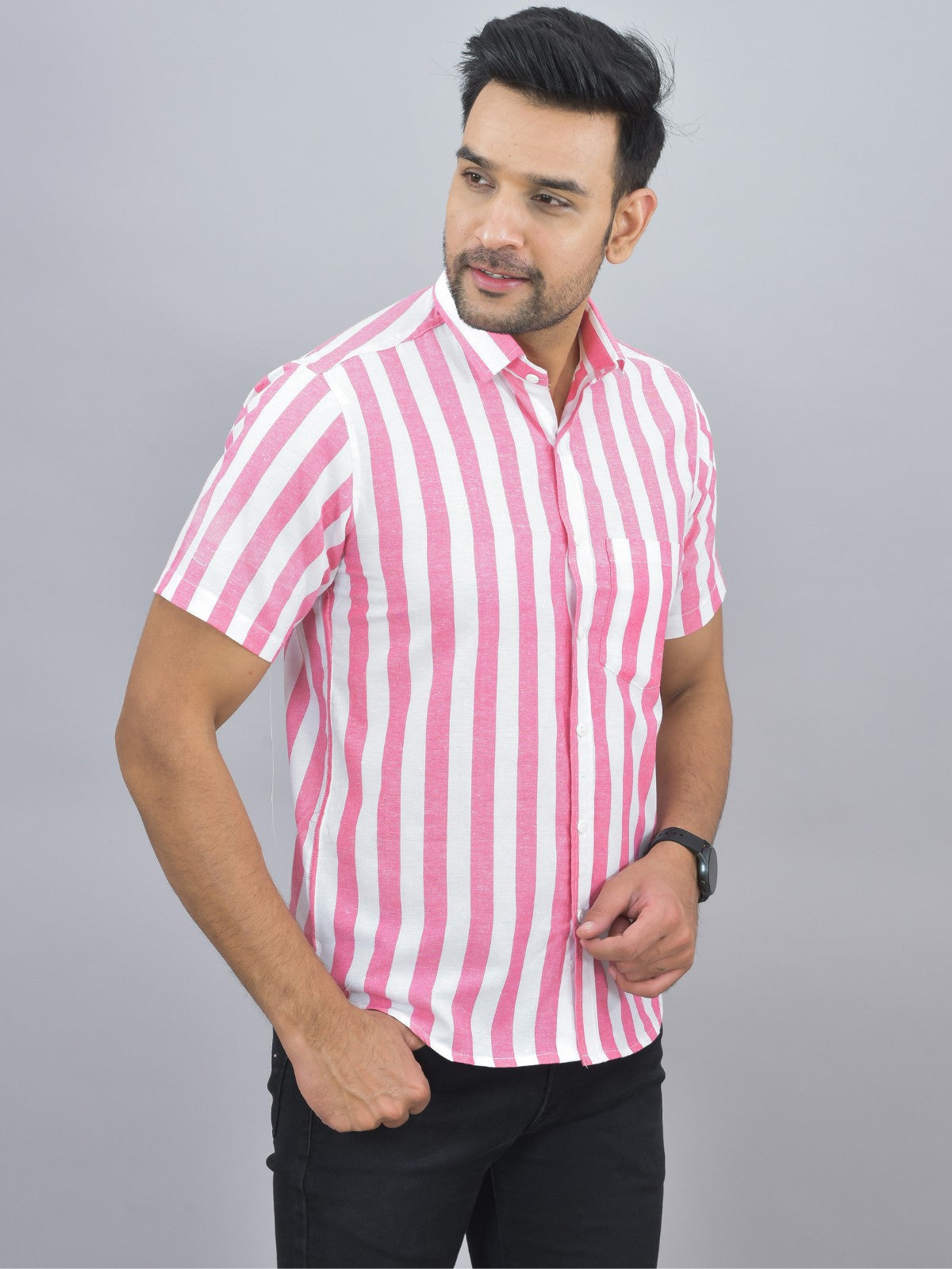 Mens Regular Fit Pink Striped Half Sleeves Cotton Casual Shirt