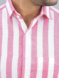 Mens Regular Fit Pink Striped Half Sleeves Cotton Casual Shirt