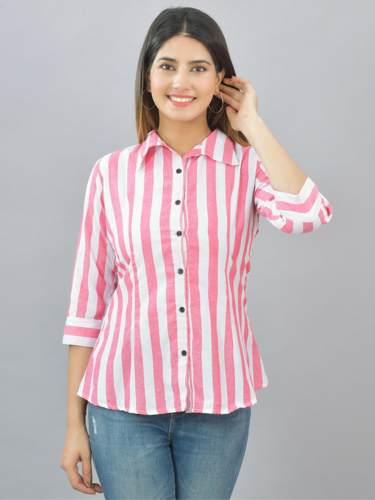 Pack Of 2 Quaclo Couple Pink Striped Cotton Shirts