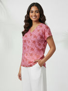 Pink Airy Linen Cotton Printed Short Kurti/Top