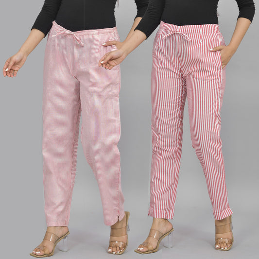 Combo Pack of 2 Womens Pink And Red Cotton Stripe Trouser