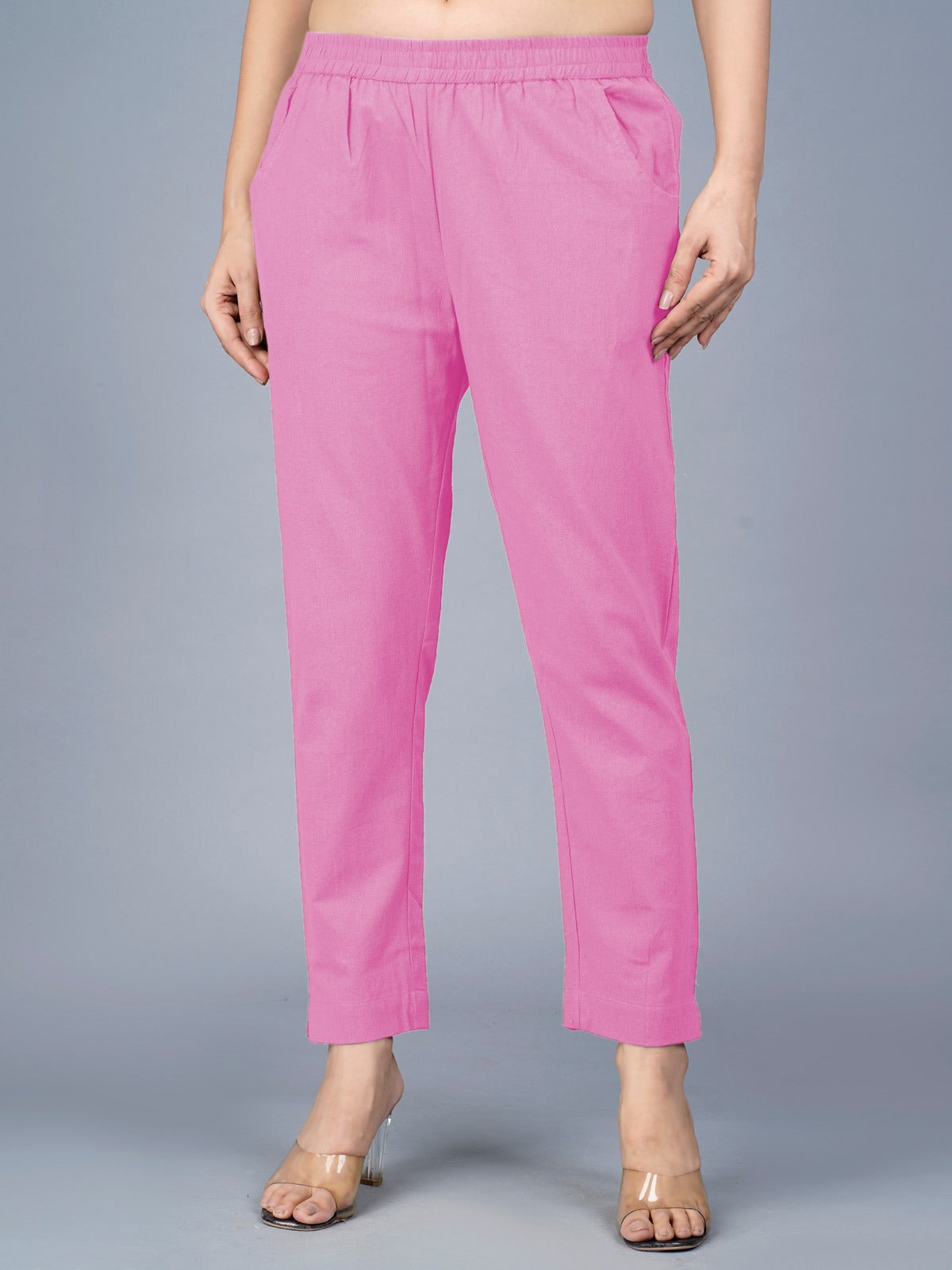 Women's Pink Regular Fit Elastic Cotton Trouser