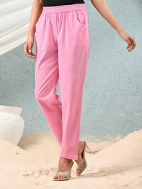 Women's Pink Regular Fit Elastic Cotton Trouser