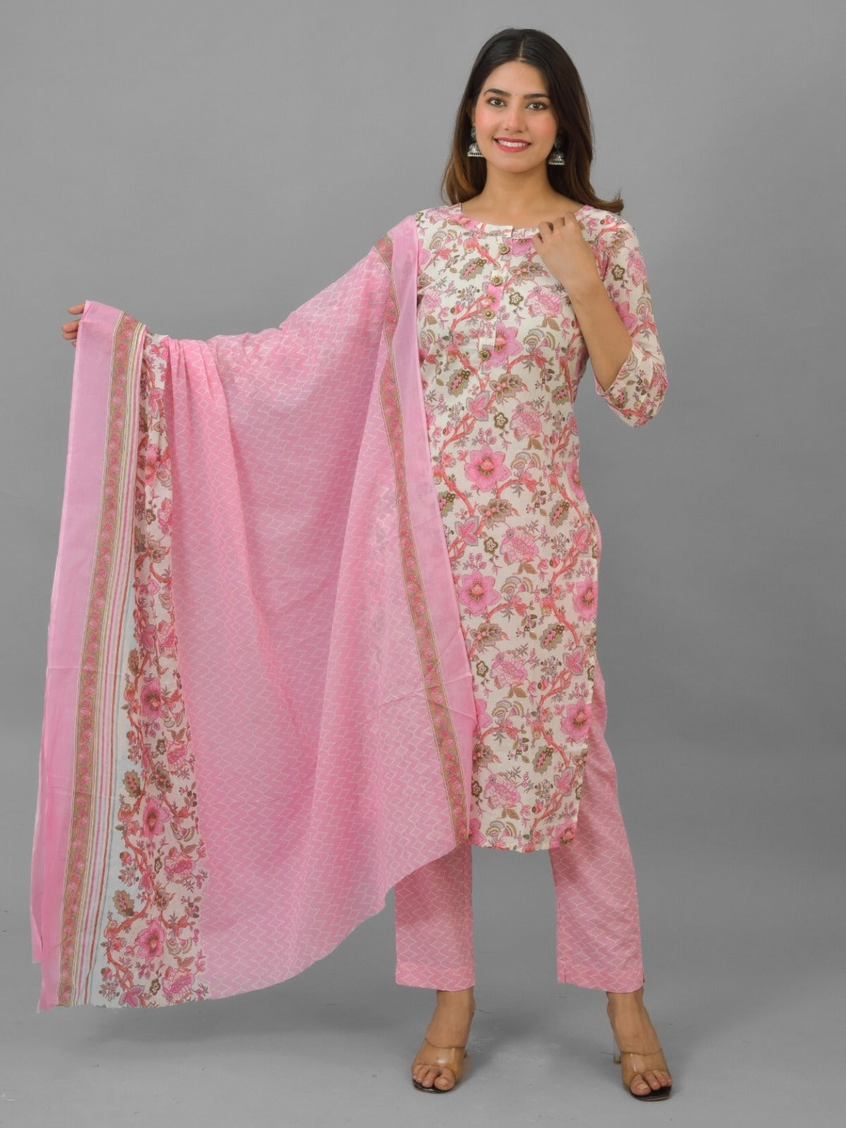 Womens Pink Flower Printed Round Neck Kurti, dupatta and Pant Set