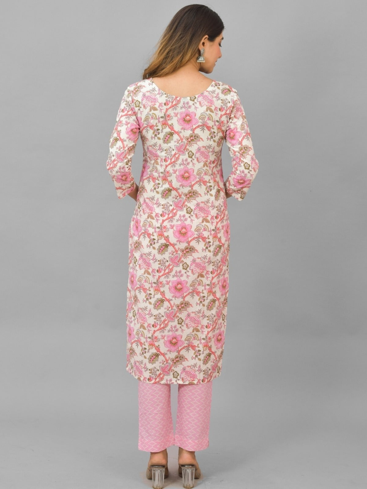 Womens Pink Flower Printed Round Neck Kurti, dupatta and Pant Set