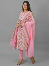 Womens Pink Flower Printed Round Neck Kurti, dupatta and Pant Set