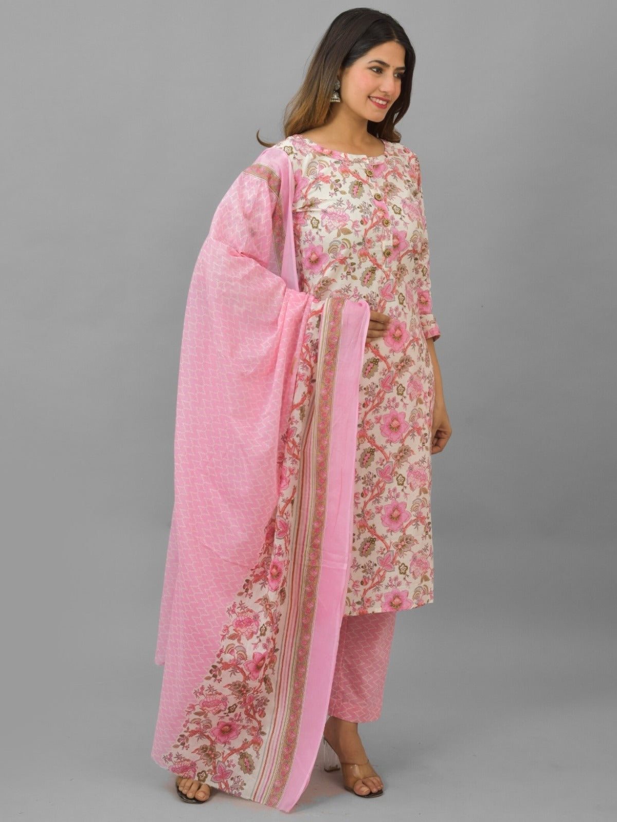 Womens Pink Flower Printed Round Neck Kurti, dupatta and Pant Set