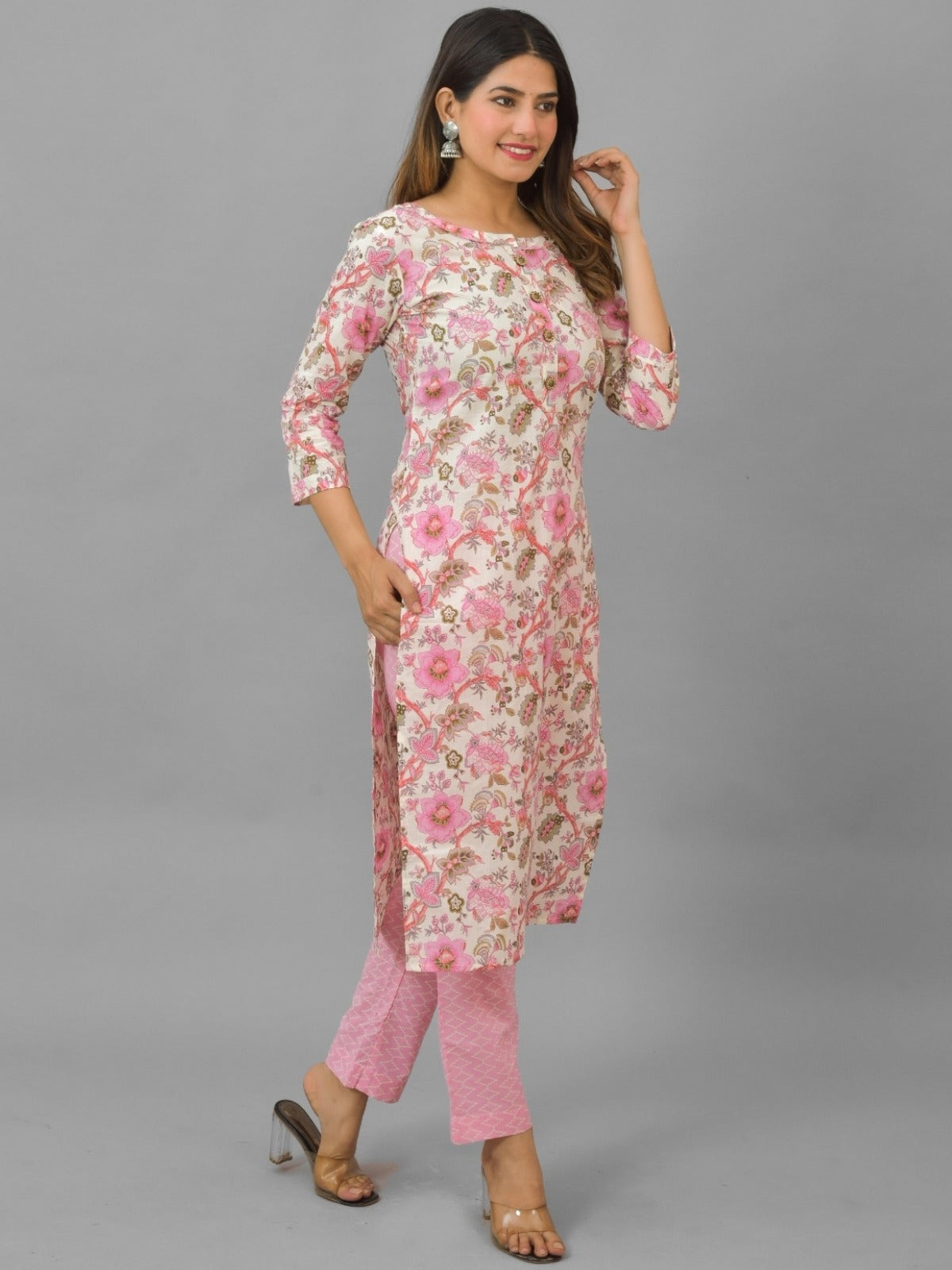 Womens Pink Flower Printed Round Neck Kurti, dupatta and Pant Set