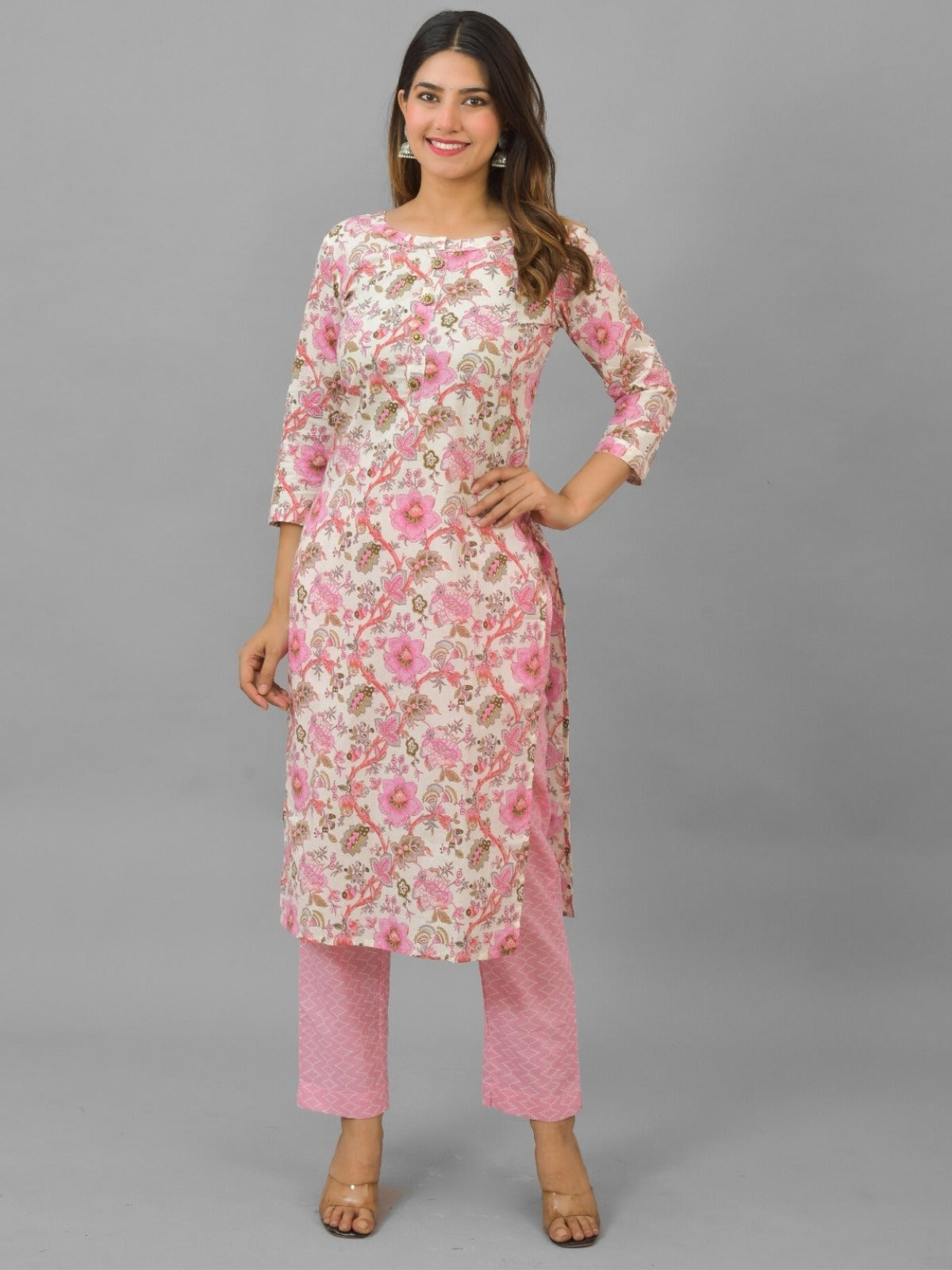 Womens Pink Flower Printed Round Neck Kurti, dupatta and Pant Set