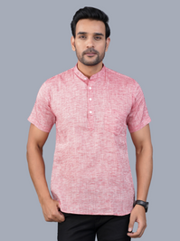 Mens Pink Short Sleeves Cotton Slub Kurta