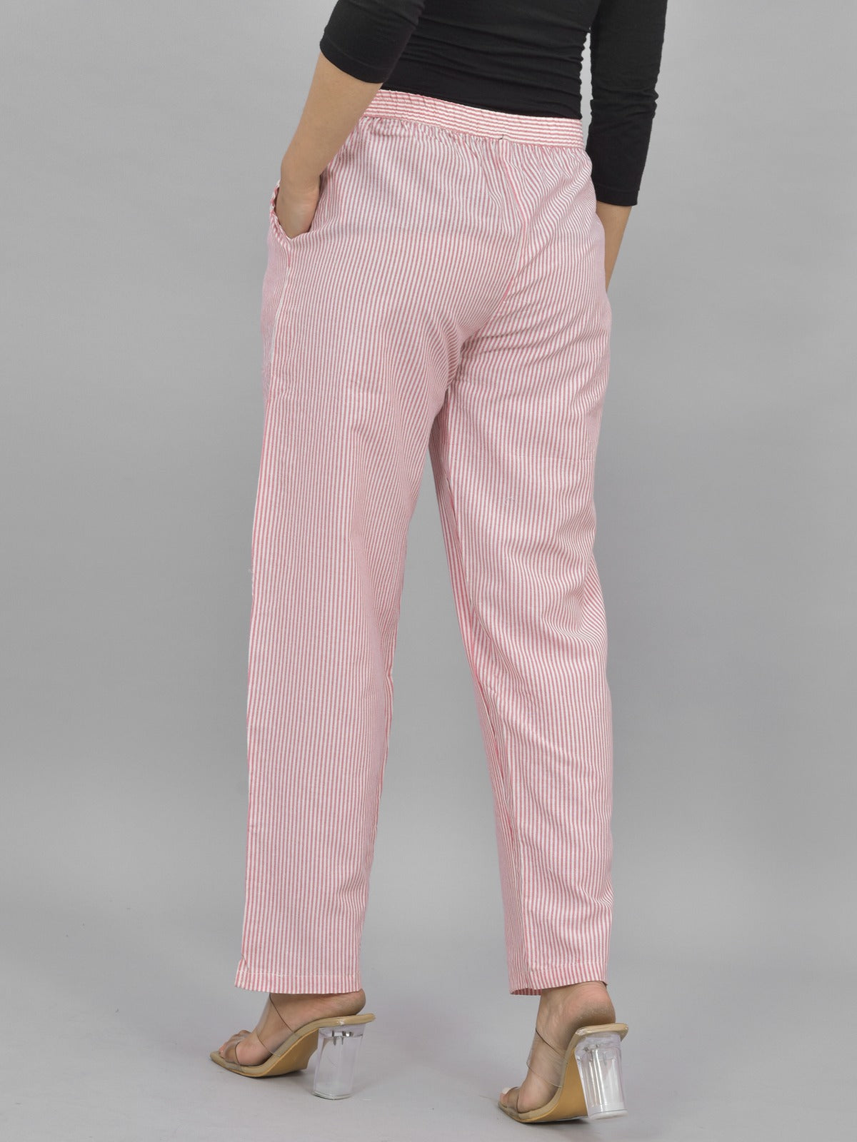 Pack Of 3 Womens Multicolor, Pink, Red Cotton Stripe Trousers Combo