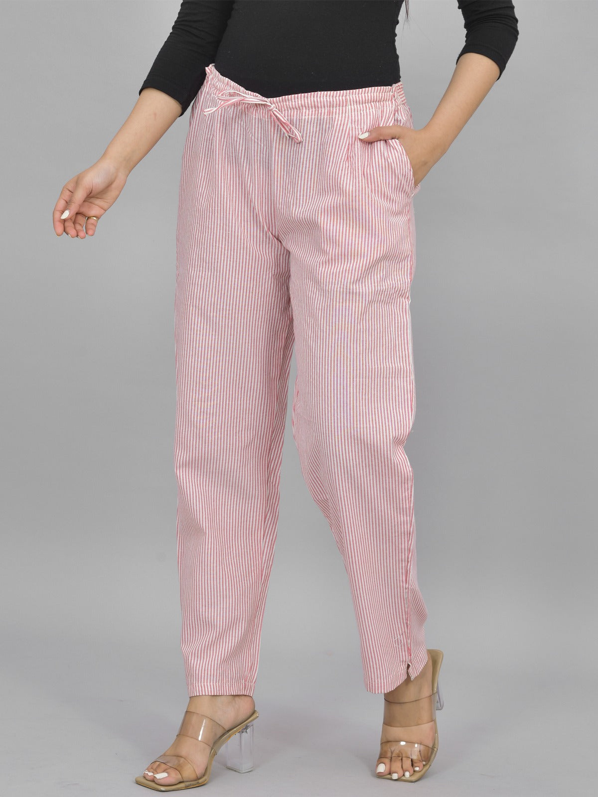 Womens Regular Fit Pink Striped South Cotton Trouser