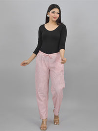 Pack Of 3 Womens Cream, Multicolor, Pink Cotton Stripe Trousers Combo