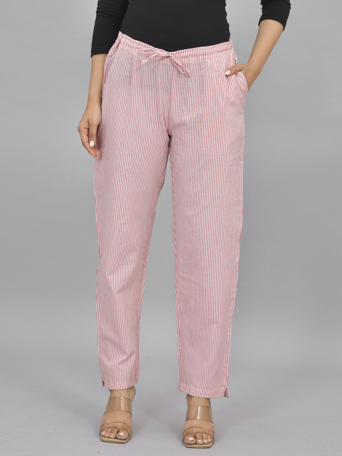 Combo Pack of 2 Womens Pink And Red Cotton Stripe Trouser
