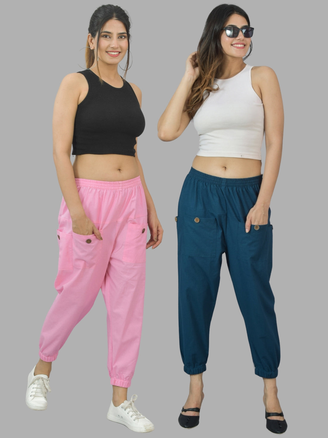 Combo Pack Of Womens Pink And Teal Blue Four Pocket Cotton Cargo Pants
