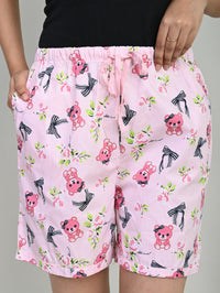 Women Pink Cotton Teddy Printed Short