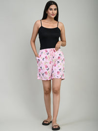 Women Pink Cotton Teddy Printed Short