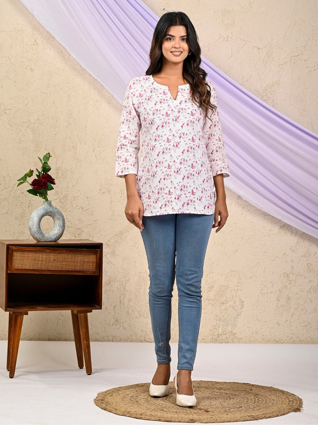 Pack Of 2 Womens Regular Fit Pink Vactor And Blue Leaf Printed Tops Combo