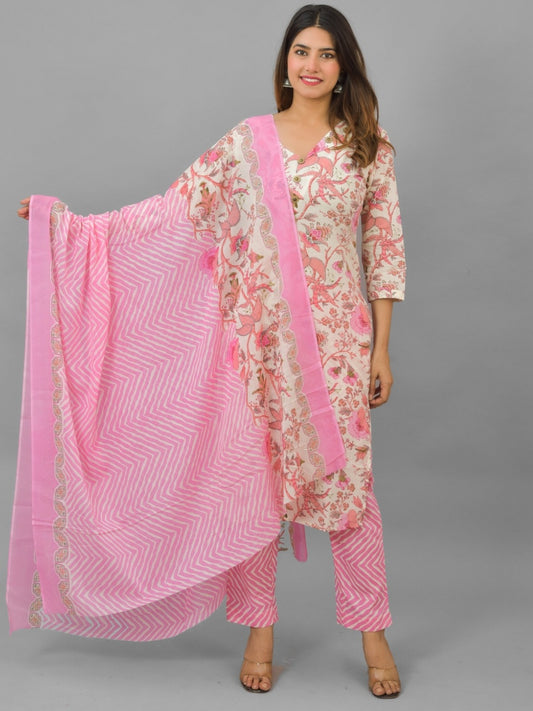 Womens Pink Flower Printed V Neck Kurti, dupatta and Pant Set