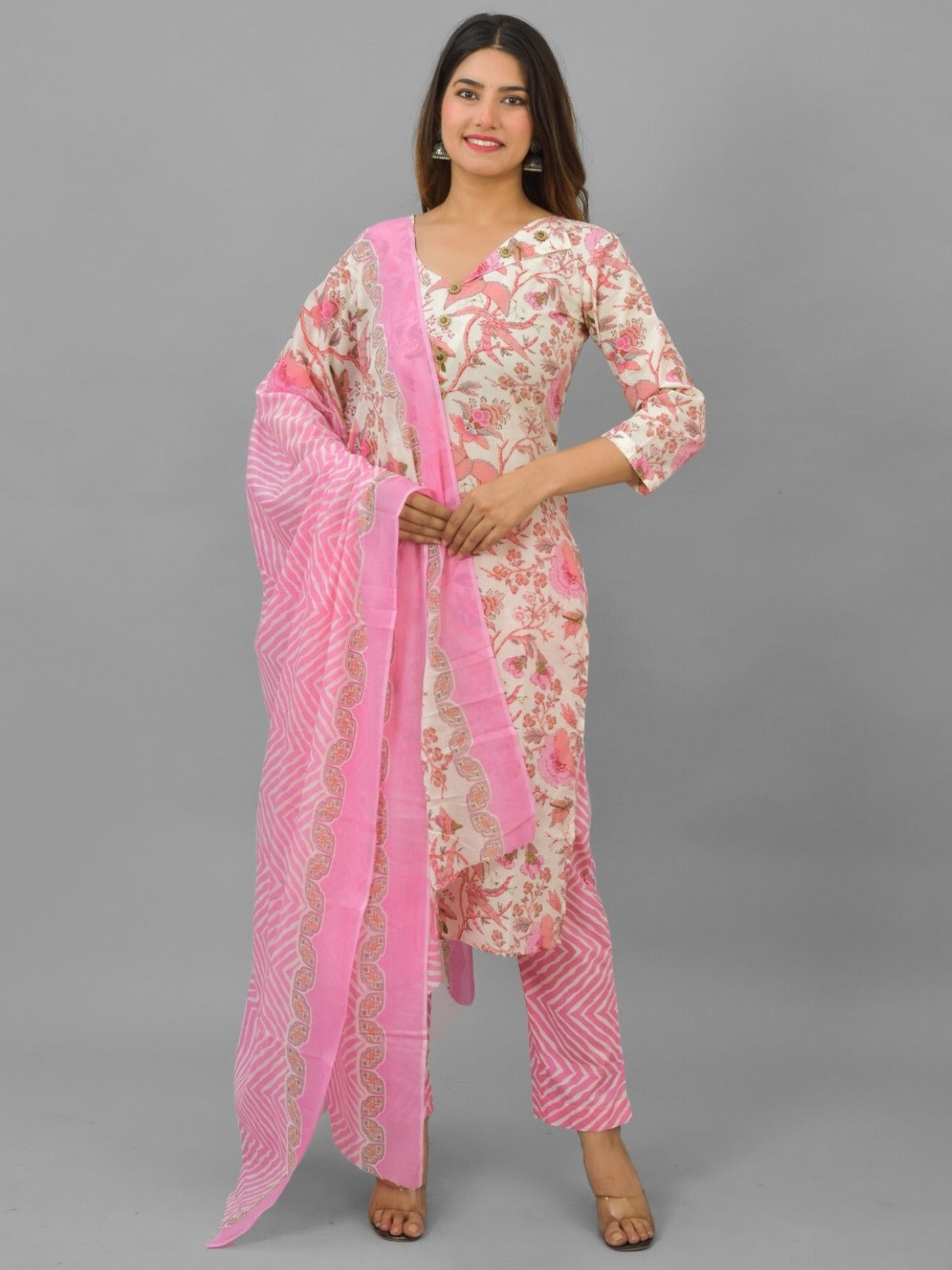 Womens Pink Flower Printed V Neck Kurti, dupatta and Pant Set