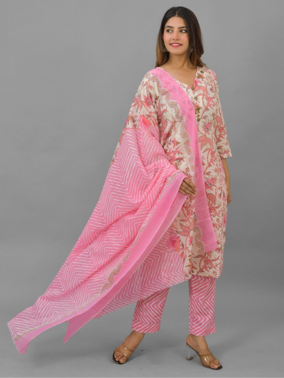 Womens Pink Flower Printed V Neck Kurti, dupatta and Pant Set